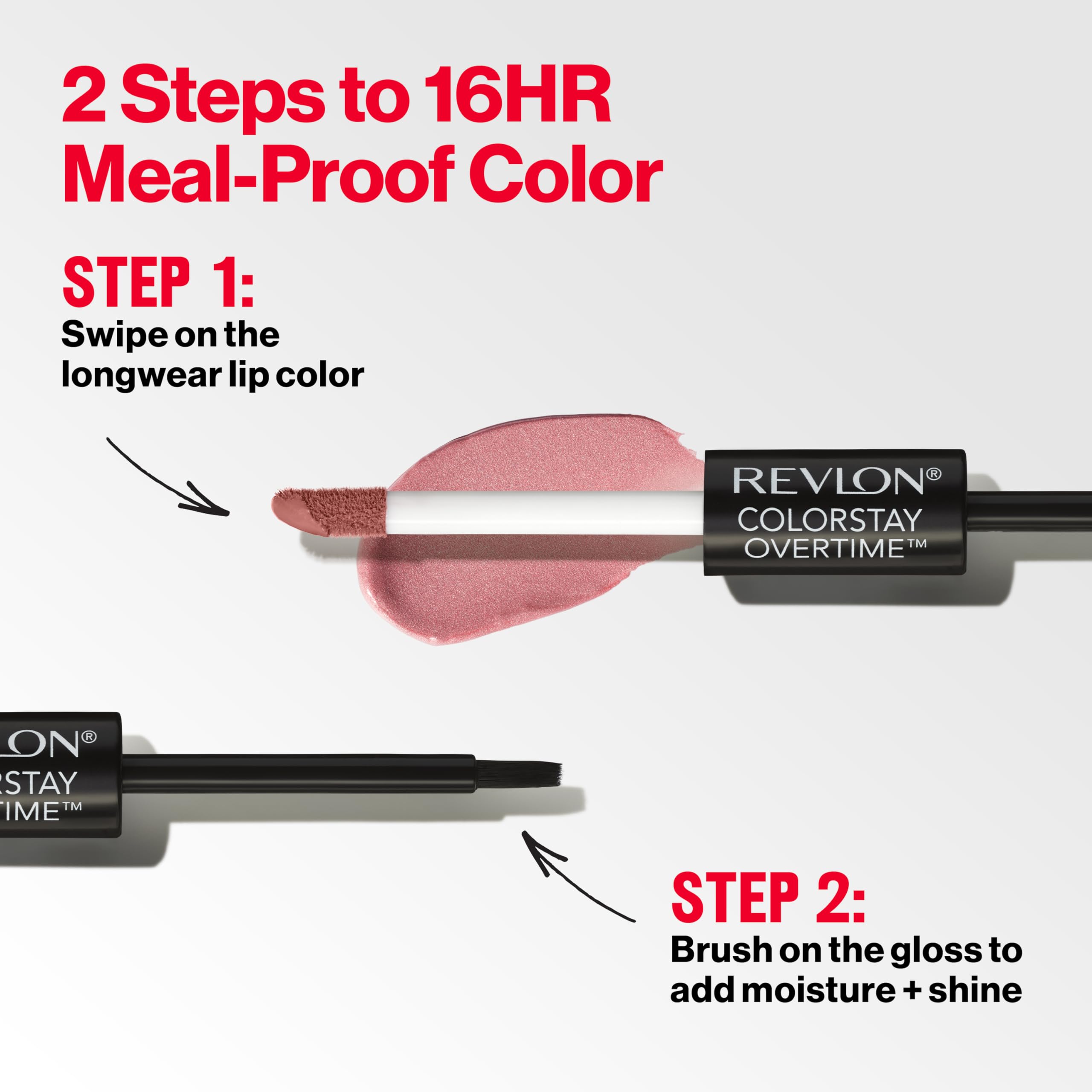 Revlon Overtime Lipcolor on lips captures rich shade and smooth texture.