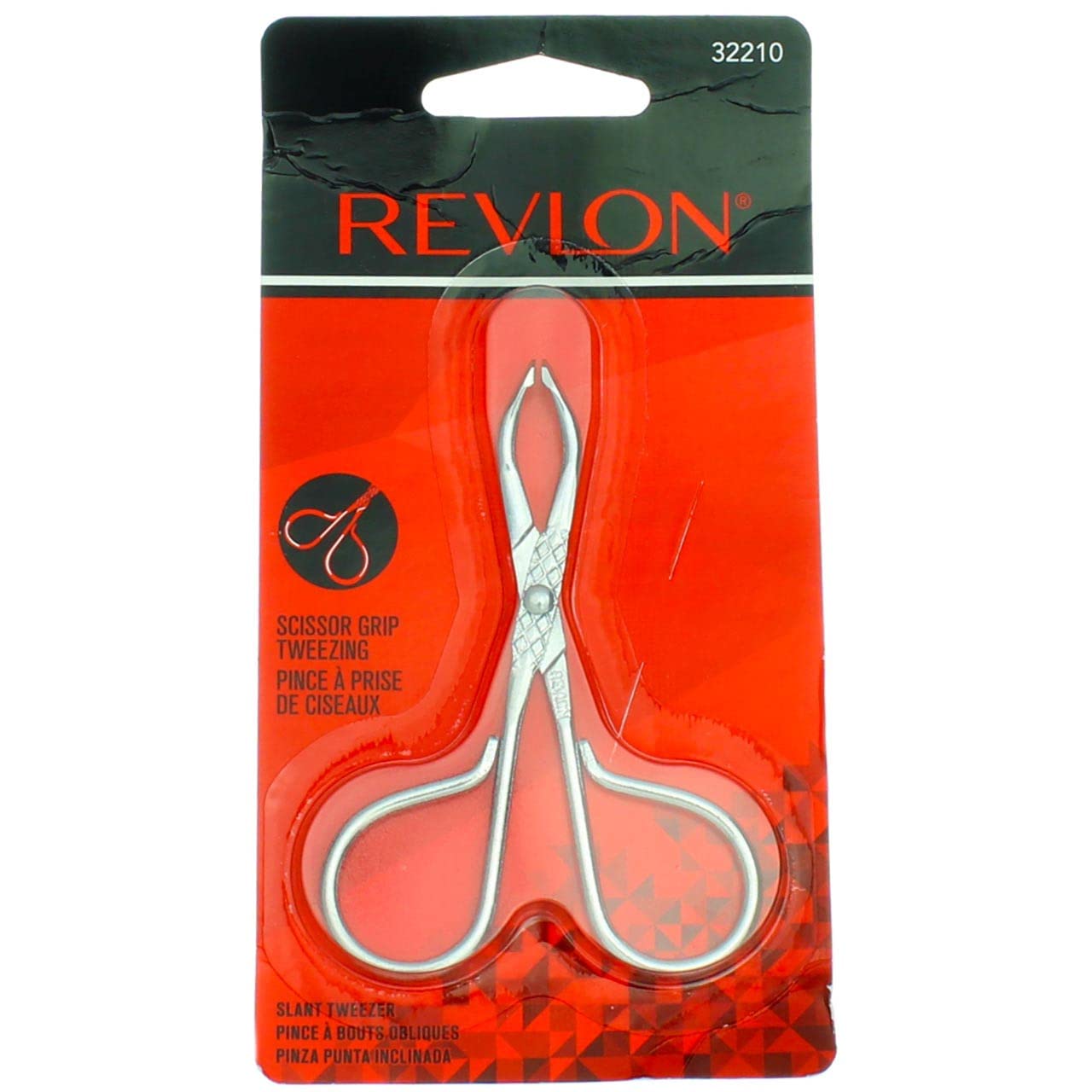 REVLON Perfectweeze slant-tip tweezer tip close-up showing precise angle for tweezing