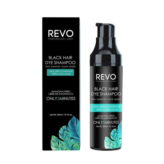 REVO Instant Black Hair Dye Shampoo bottle ready for fast color action.