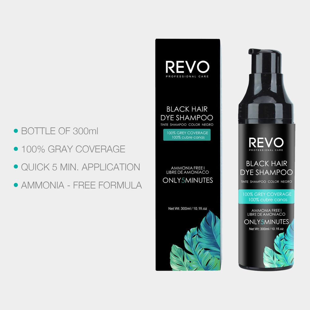 REVO hair close-up reveals rich black shade and even coverage.