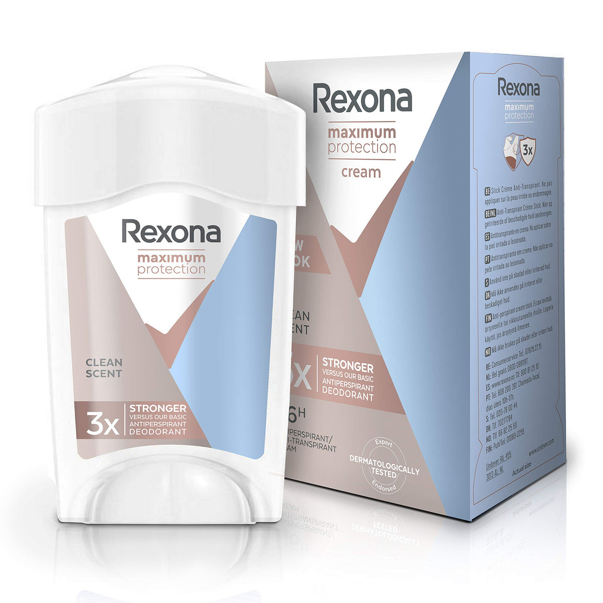 Rexona Maximum Protection Sensitive Dry cream-stick application for quick sweat control.