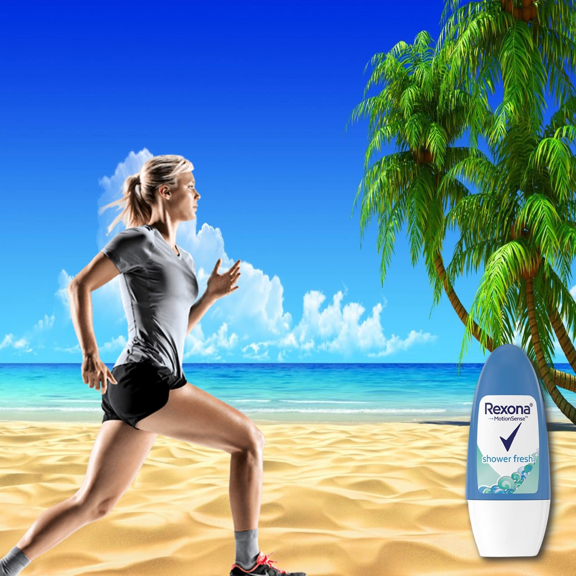 Rexona Shower Fresh bottle close-up during application highlights quick dry formula.