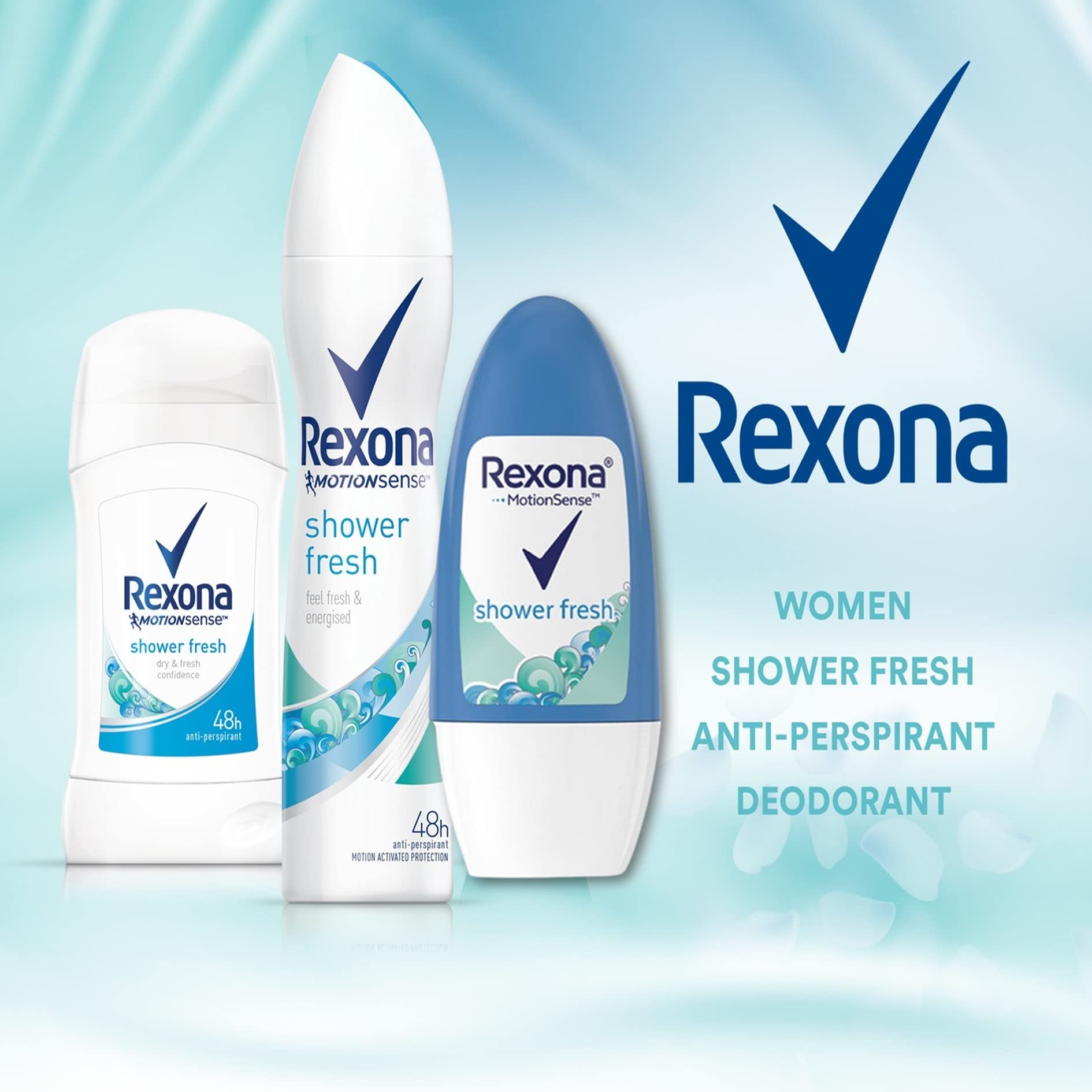 Rexona Shower Fresh fragrance display conveys airy, fresh scent for daily wear.