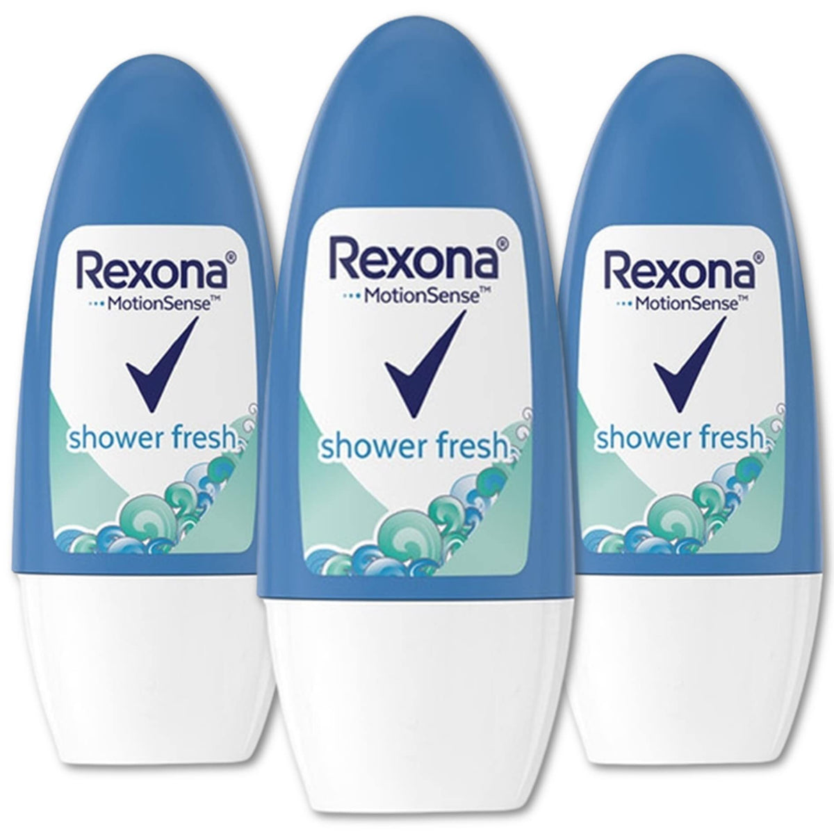 Rexona Shower Fresh roll-on bottle close-up showing smooth application and clean scent.