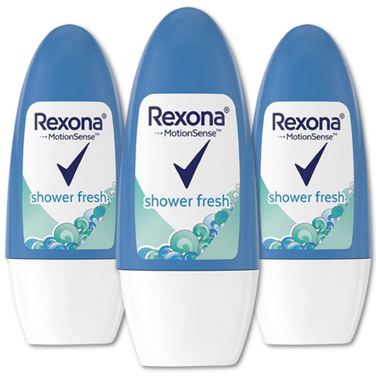 Rexona Shower Fresh roll-on bottle close-up showing smooth application and clean scent.