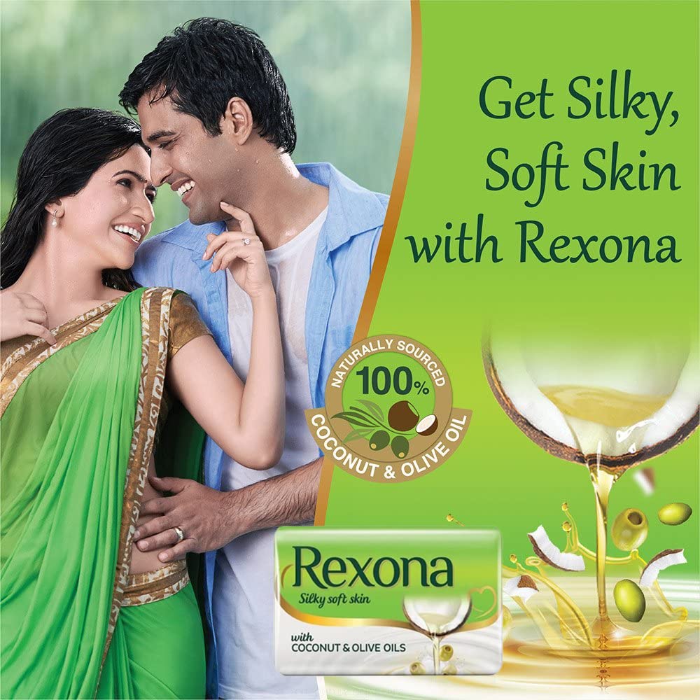 Close-up of Rexona Silky Soft Skin coconut olive oils packaging showing 100g unit.