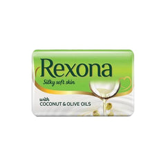 Four Rexona Silky Soft Skin sticks with coconut olive oils suggest daily protection and skin comfort.