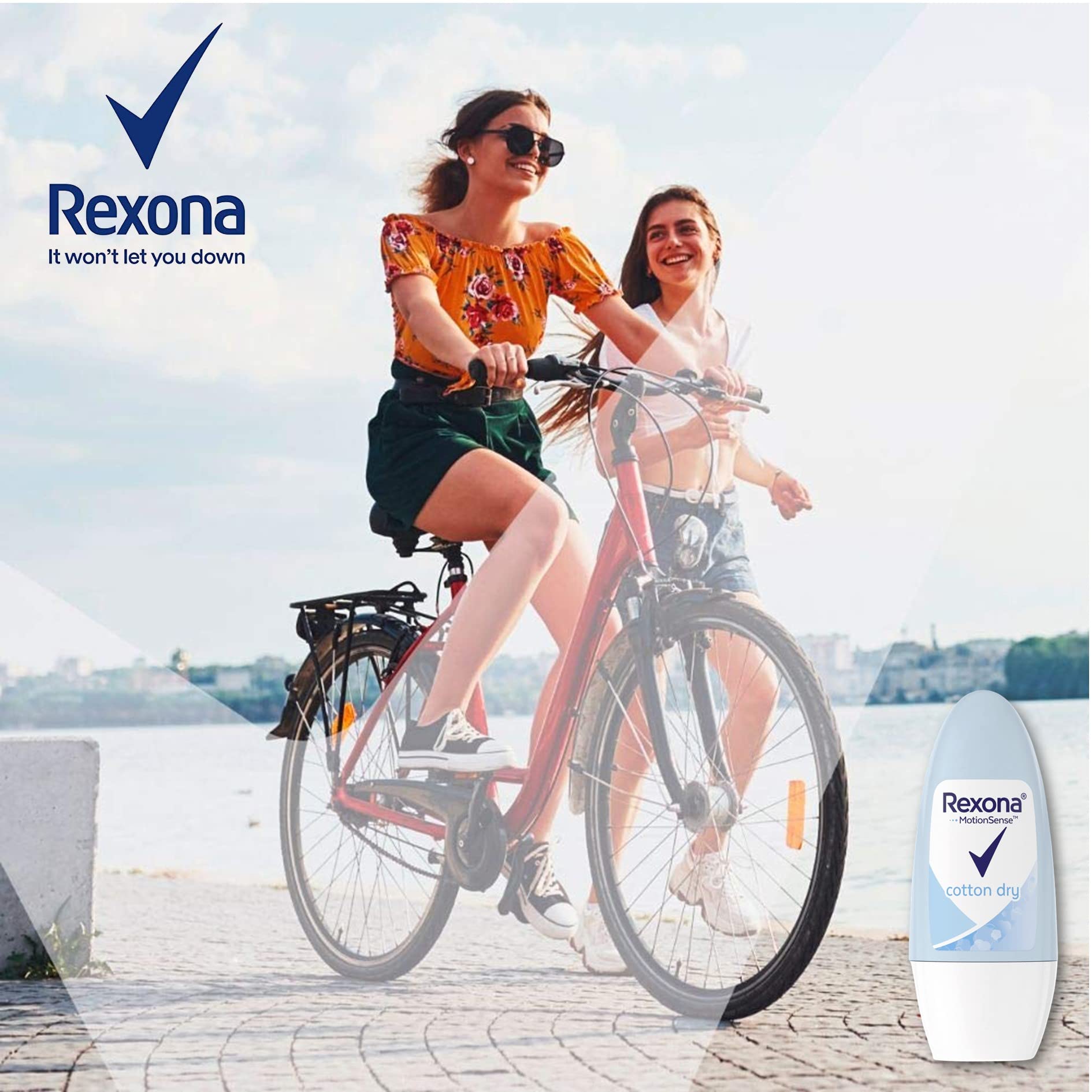 Rexona Women Cotton Dry roll-on held in hand for daily protection.