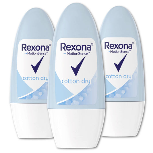 Rexona Women Cotton Dry roll-on packaging highlights long-lasting protection.