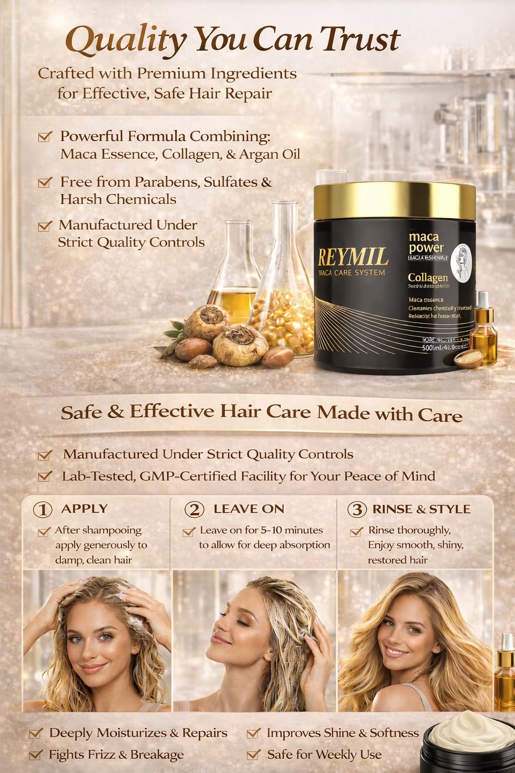REYMIL Collagen Hair Mask jar closeup shows rich conditioning.