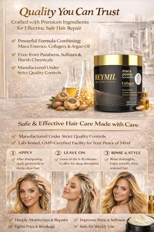 REYMIL Collagen Hair Mask jar closeup shows rich conditioning.