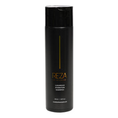 Reza Fixation Shampoo bottle highlights luxe formula for frizz control and shine.