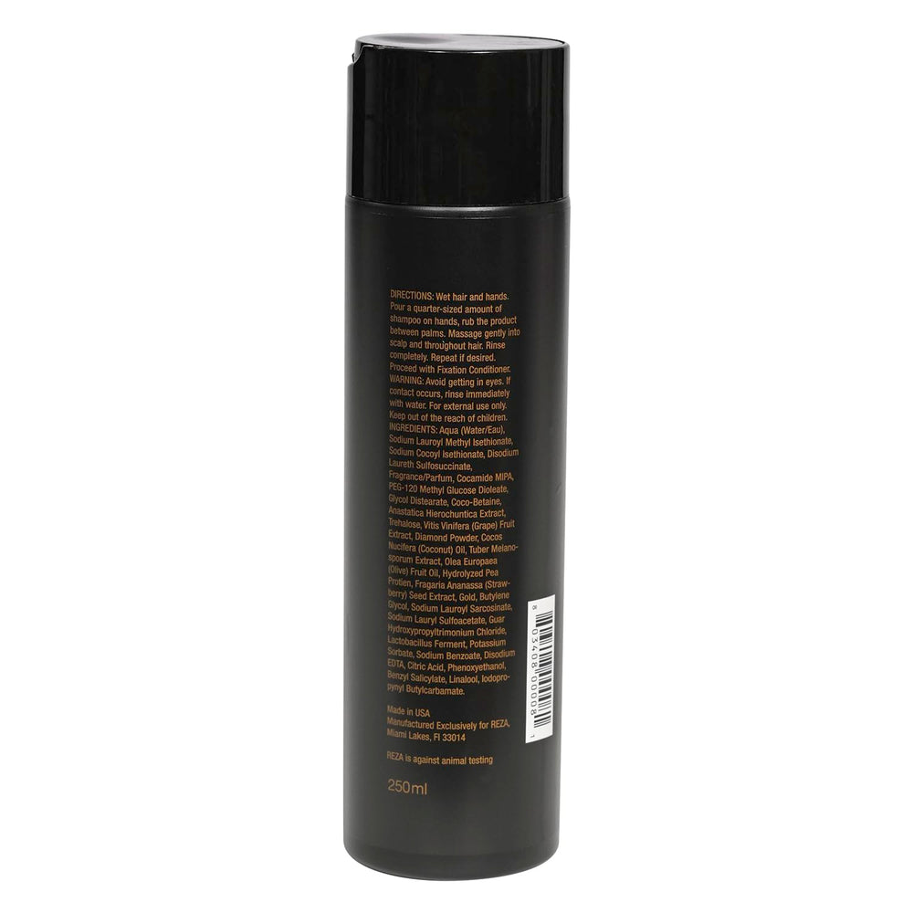 Reza Fixation Shampoo lather demonstrates rich, silky texture and scent.