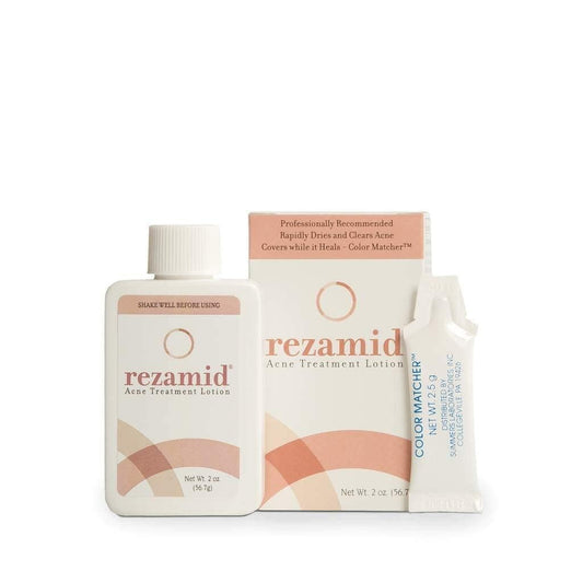 Rezamid acne spot-treatment bottle pour demonstrating precise, quick-drying application for pimples