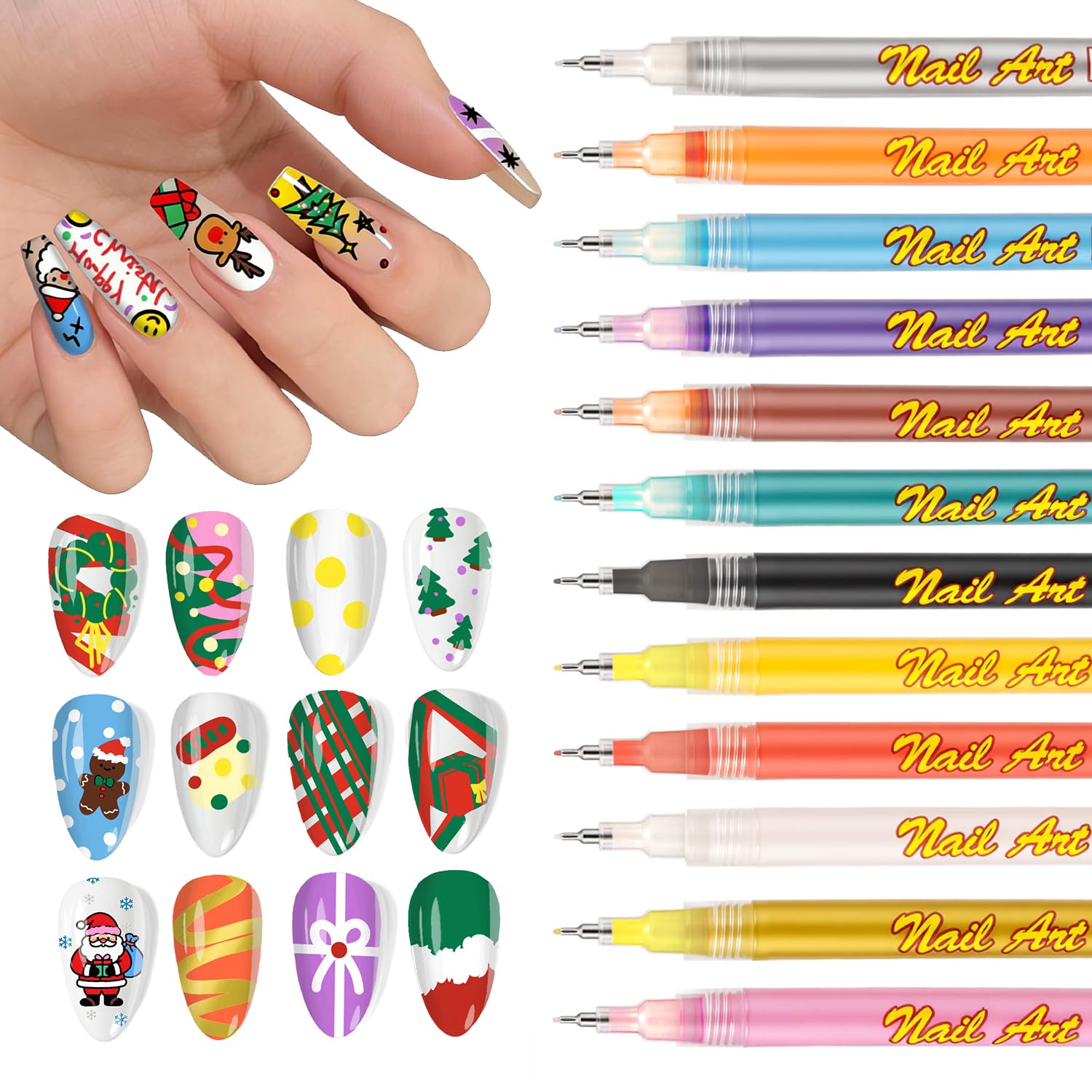 RFENLY 12-color nail art pens with a 0.5mm tip for precise lines.
