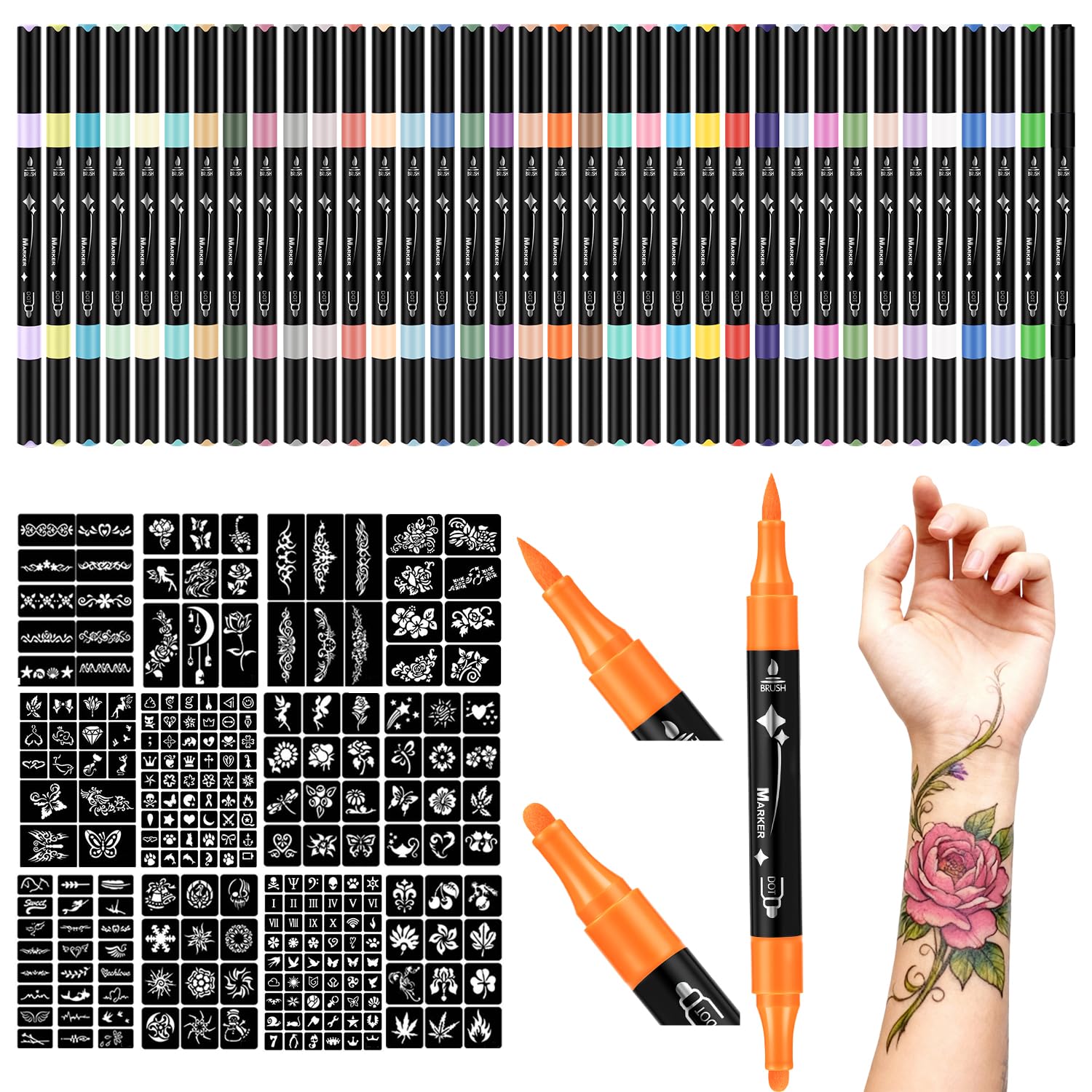 RFENLY tattoo markers in 36 colors for vibrant temporary body art on skin.