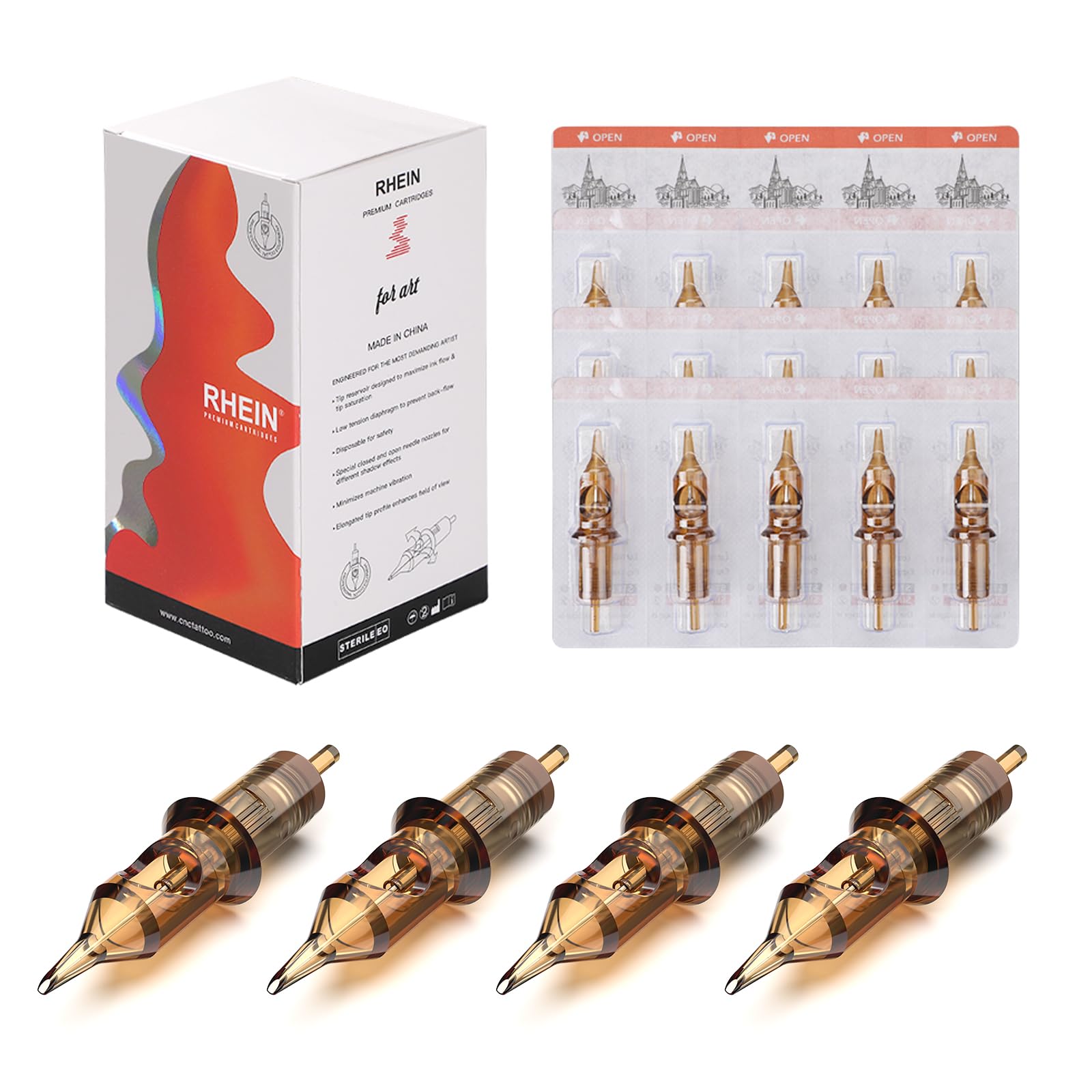 RHEIN 50pc 9RL mixed needles, 0-3mm diameter for precise line work.