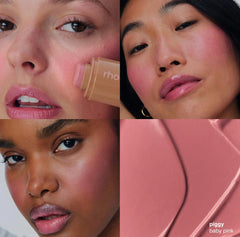 Rosy Piggy swatch on cheek demonstrating buildable color and dewy finish