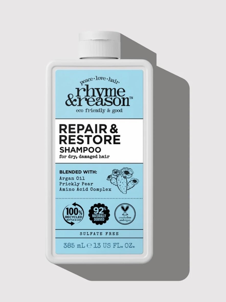 Rhyme & Reason Repair & Restore conditioner label emphasizes vegan and cruelty-free formula.