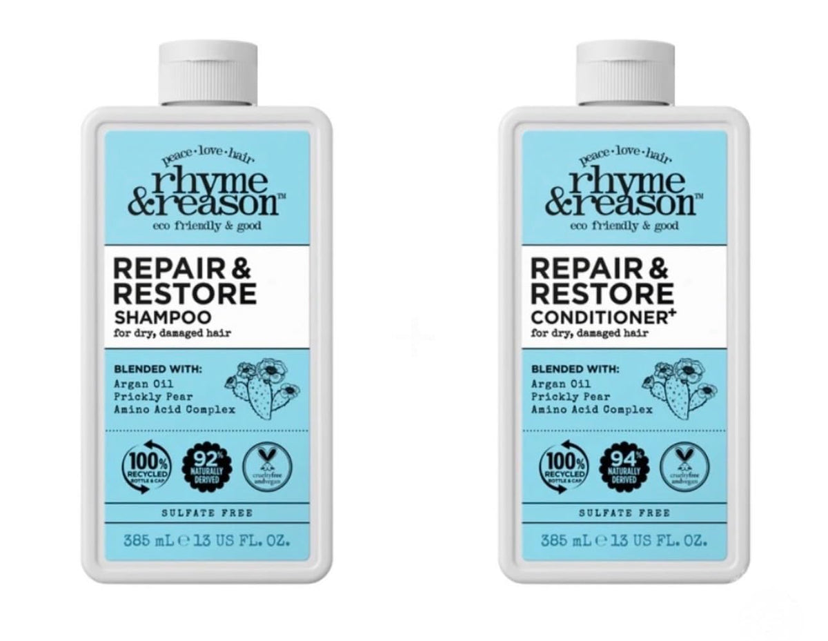 Rhyme & Reason Repair & Restore shampoo bottle ready to hydrate dry hair.