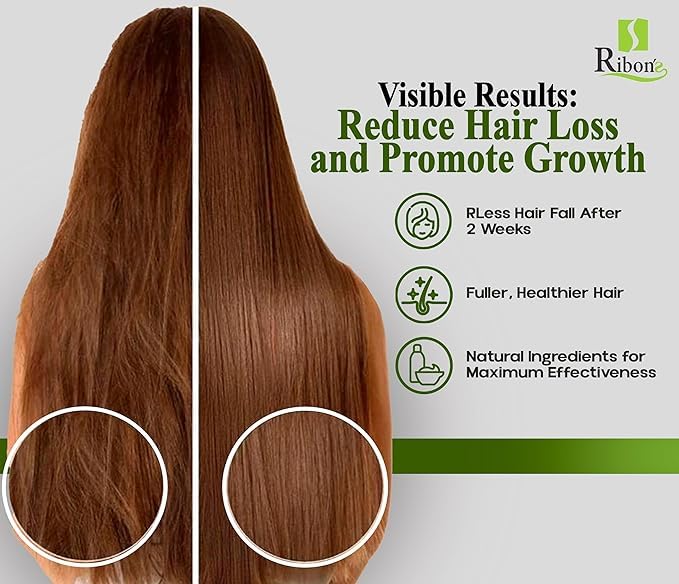 Ribon's hair growth scene after use shows shinier, fuller appearance.