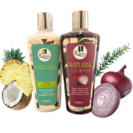 Ribon's natural shampoo bottle focused on onion for soothing scalp nourishment.