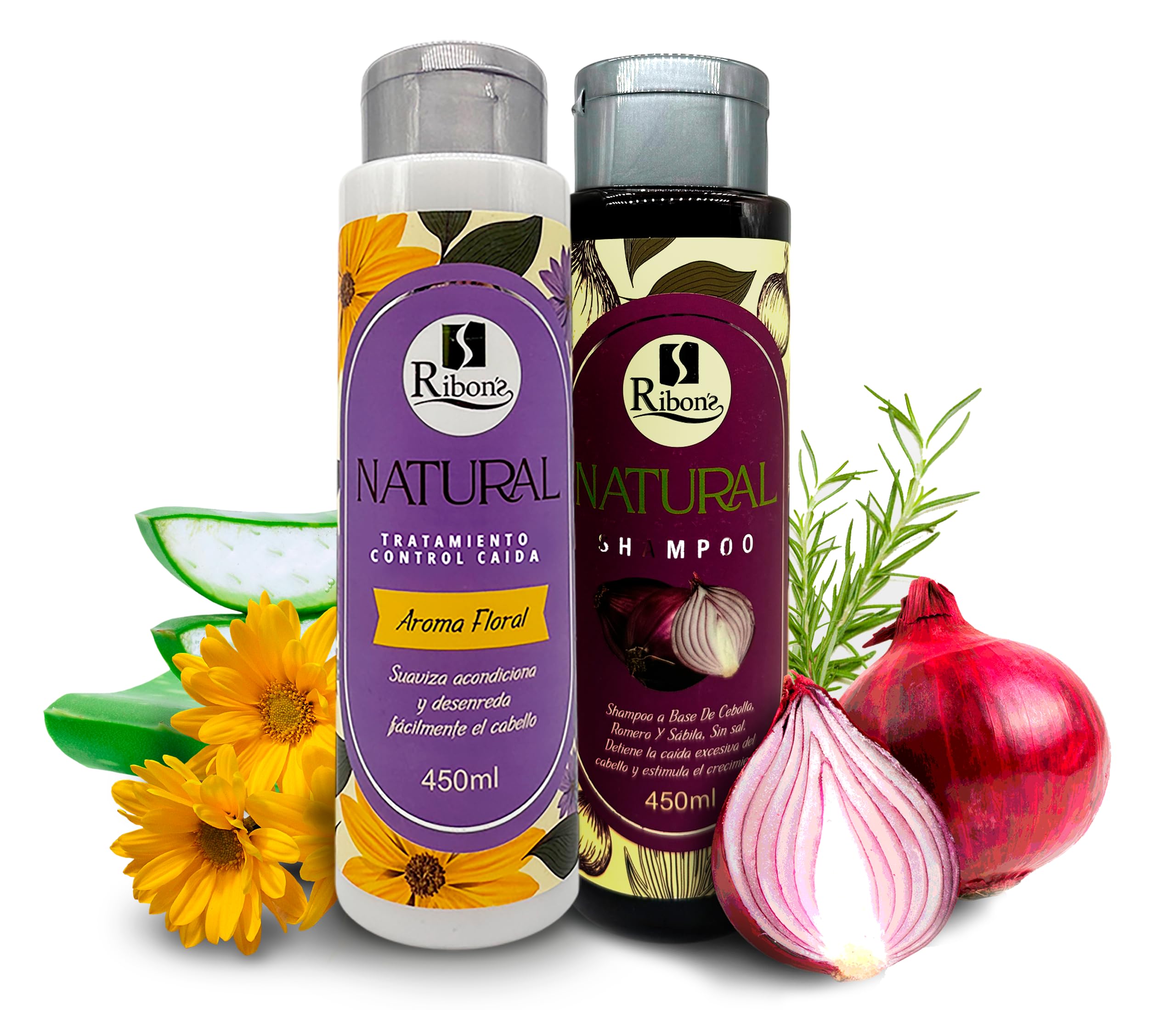 Ribon's natural shampoo bottle featuring onion, rosemary, and aloe for healthier-looking hair