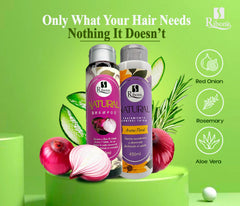 Close-up of Ribon's shampoo ingredients—onion, aloe vera, rosemary for scalp nourishment