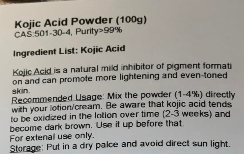 Rice Essence Kojic Acid Powder label detail emphasizes storage and handling guidance.
