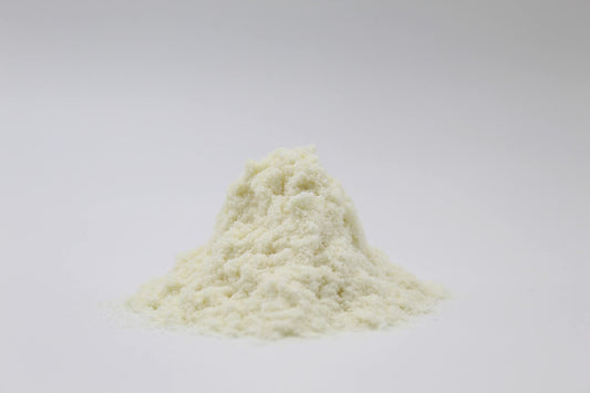 Rice Essence Kojic Acid Powder close-up reveals fine, silky powder for formulations.