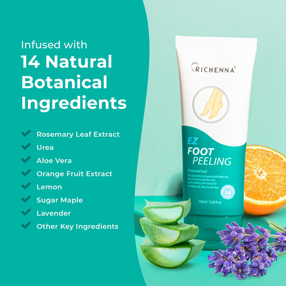 Richenna EZ Foot Cream application demonstrating gentle exfoliation and hydration.
