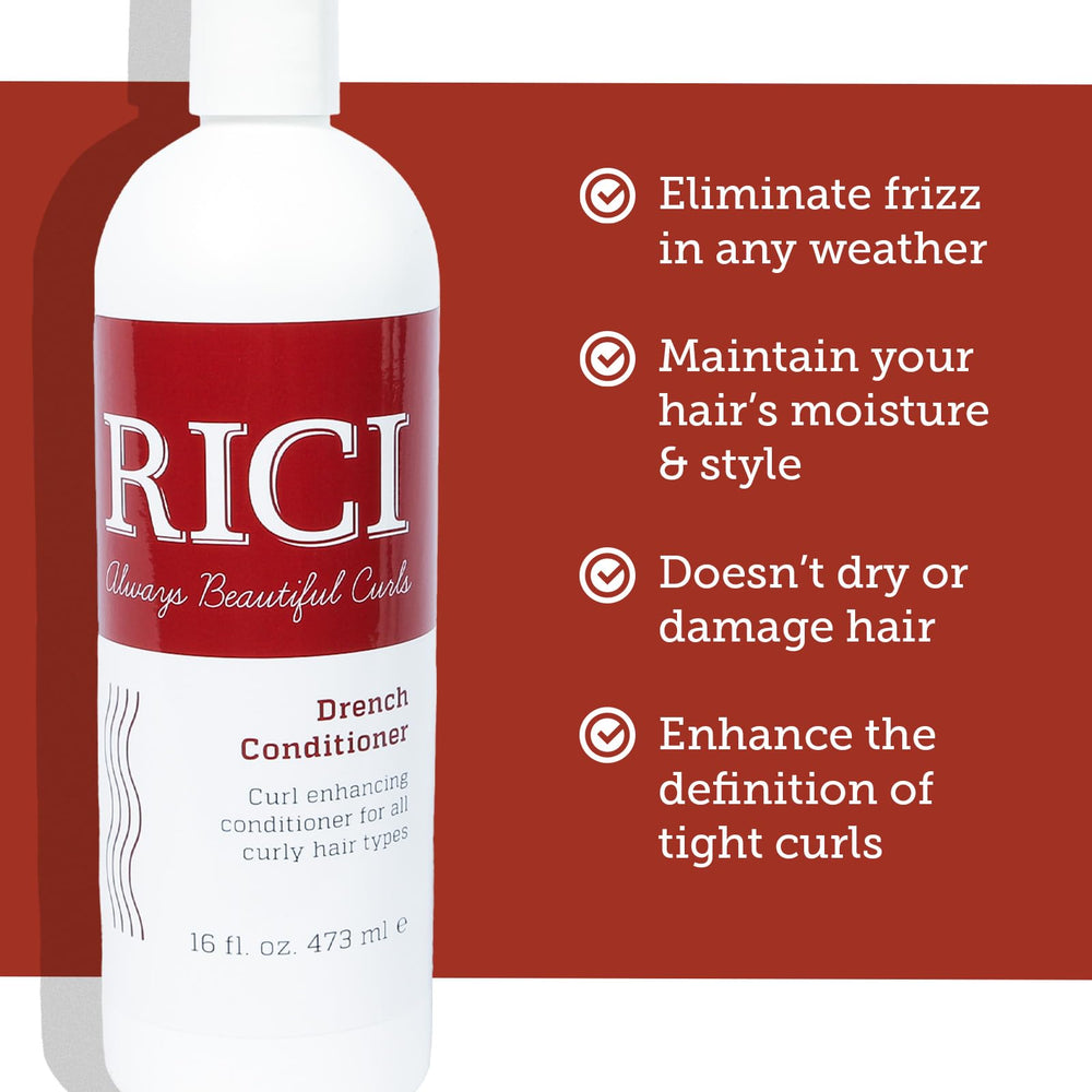 RICI Drench Conditioner being applied to damp curls for hydration.