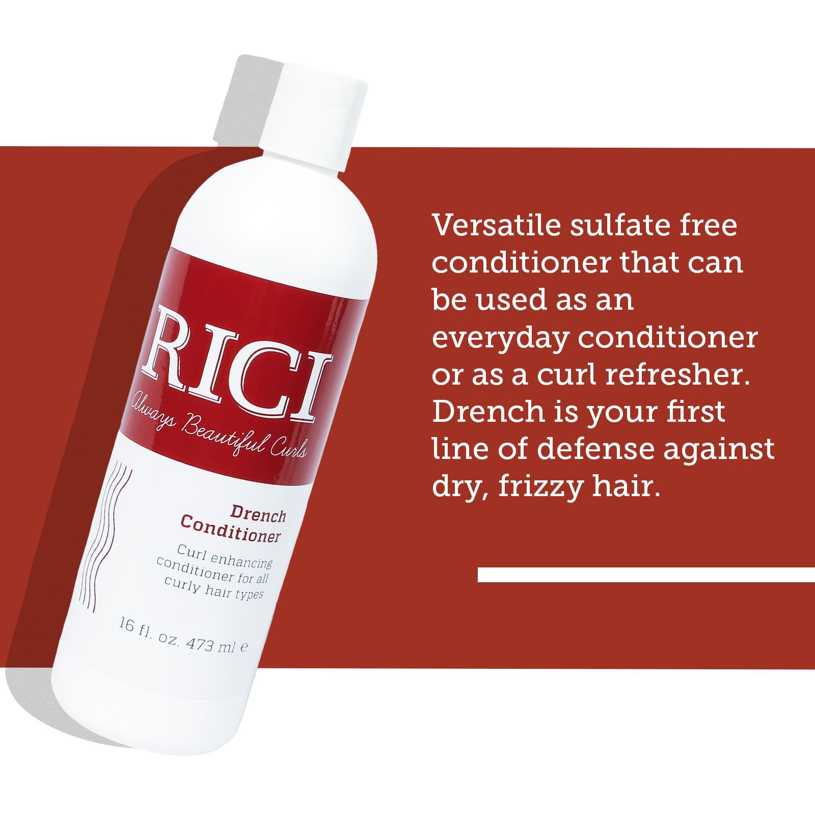RICI Drench Conditioner label close-up highlighting USA-made patent and quality.