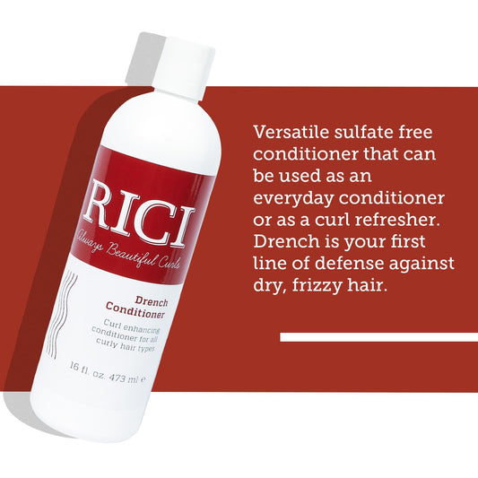 RICI Drench Conditioner label close-up highlighting USA-made patent and quality.