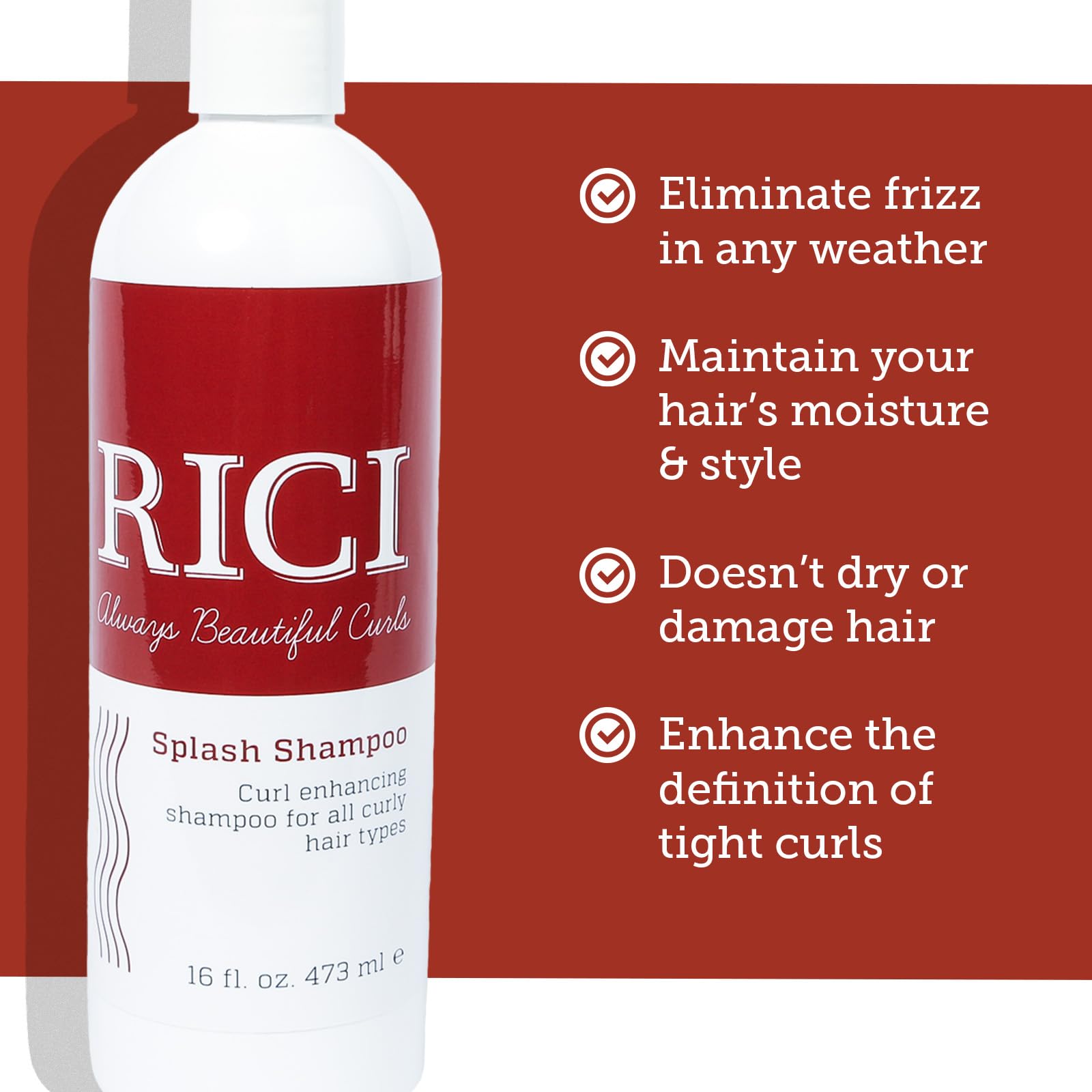 Made-in-USA badge on RICI Splash Shampoo 16oz bottle for daily cleansing