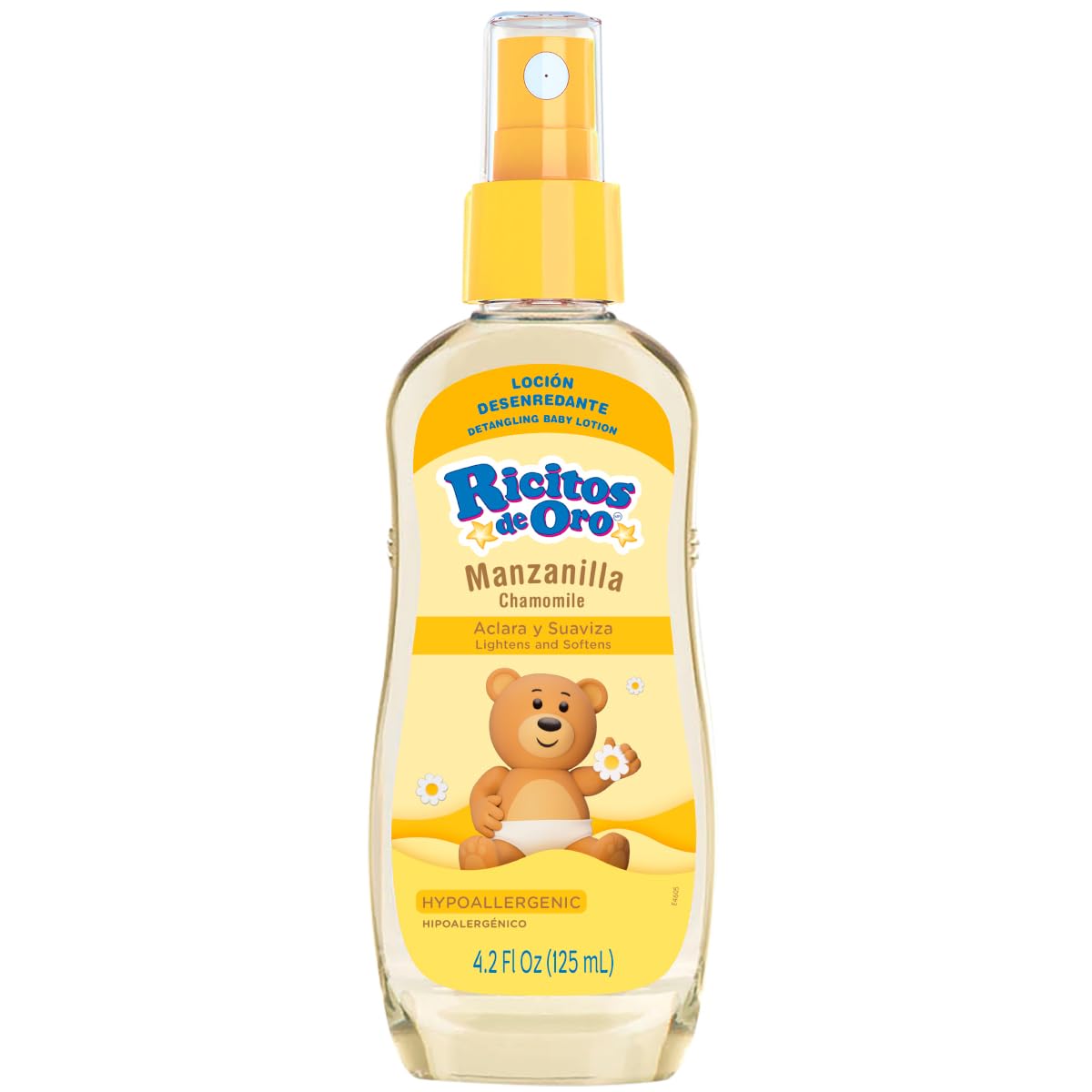 Ricitos de Oro Chamomile Clarifying Lotion bottle highlights blonde-toning benefits