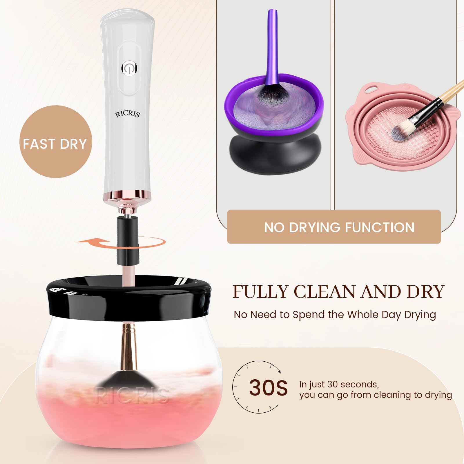 RICRIS brush cleaner bowl with splash-proof cap keeps vanity dry.
