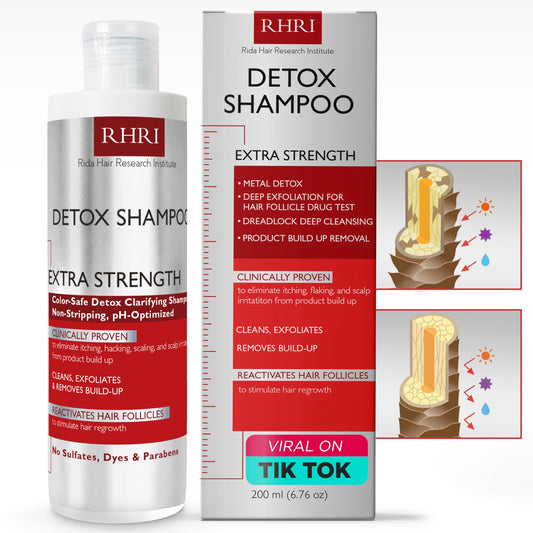Rida Detox Shampoo bottle showing cleansing power for a refreshed scalp
