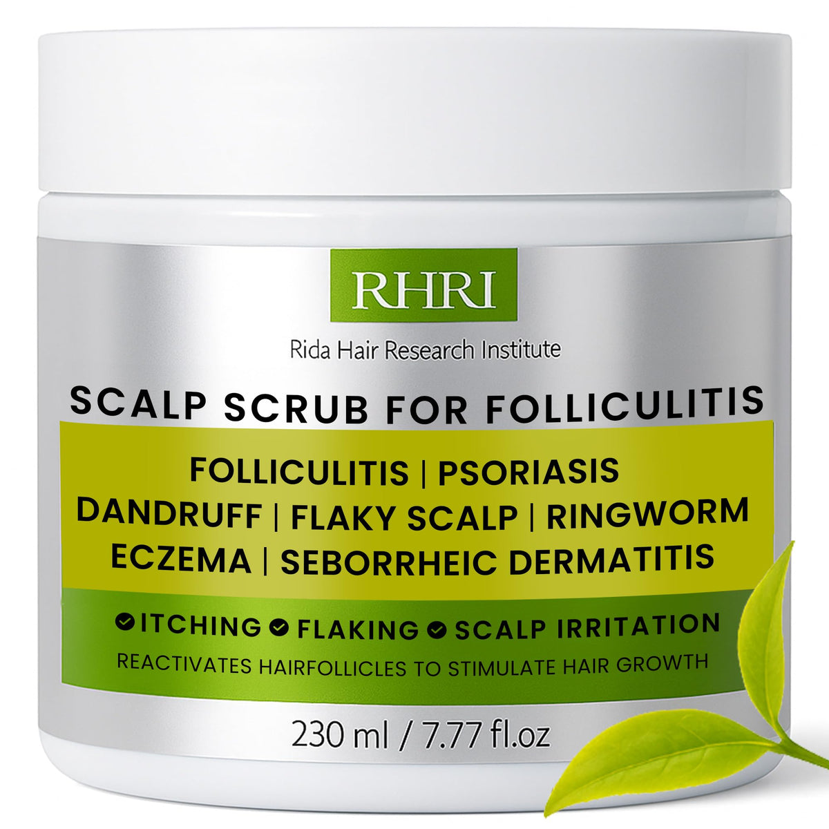 Rida Hair antifungal scalp scrub bottle close-up for refreshed scalp.
