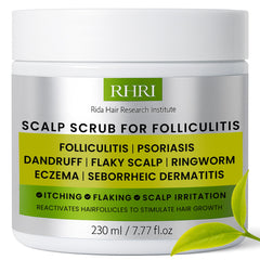 Rida Hair antifungal scalp scrub bottle close-up for refreshed scalp.
