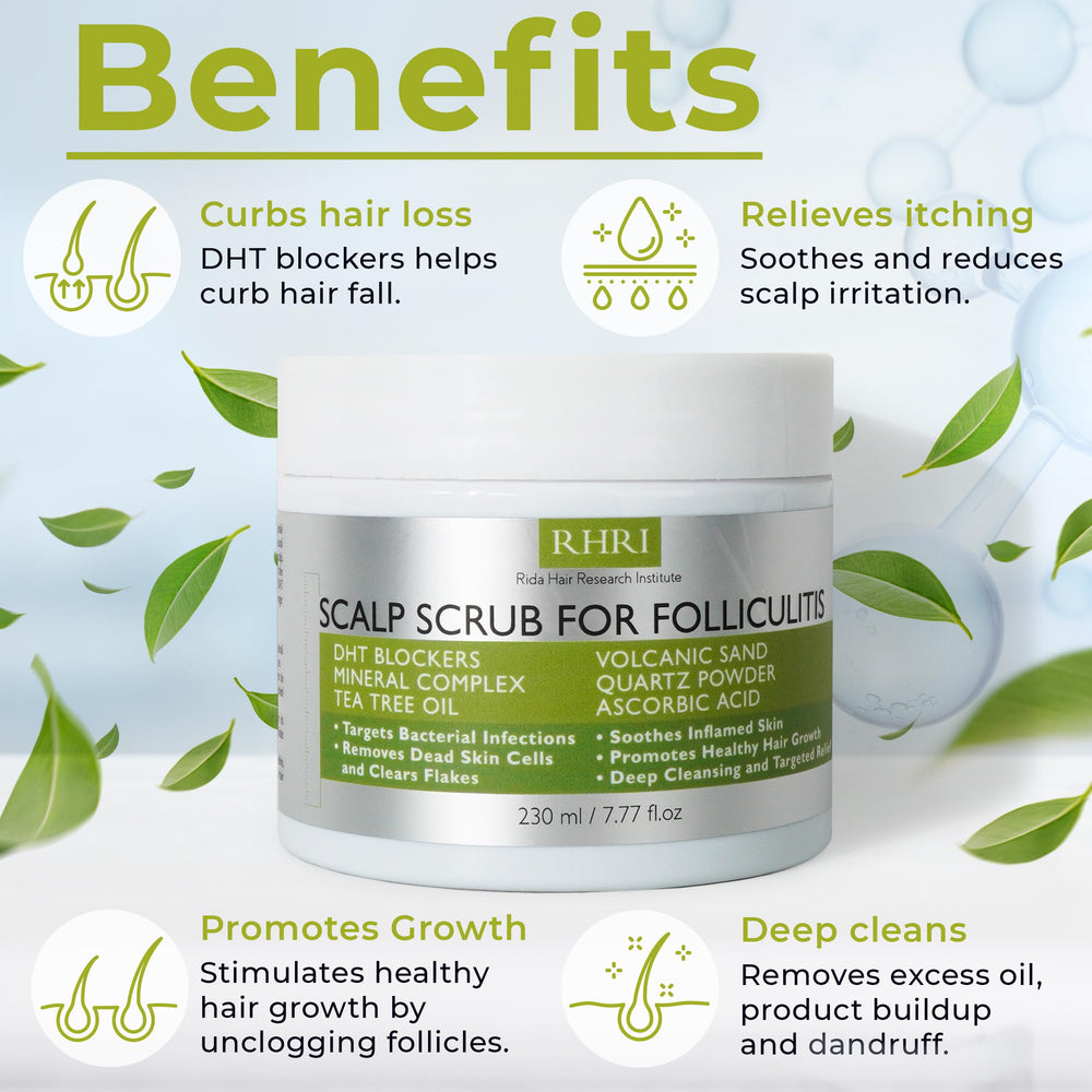 Rida Hair tea tree oil scrub in container for scalp care.