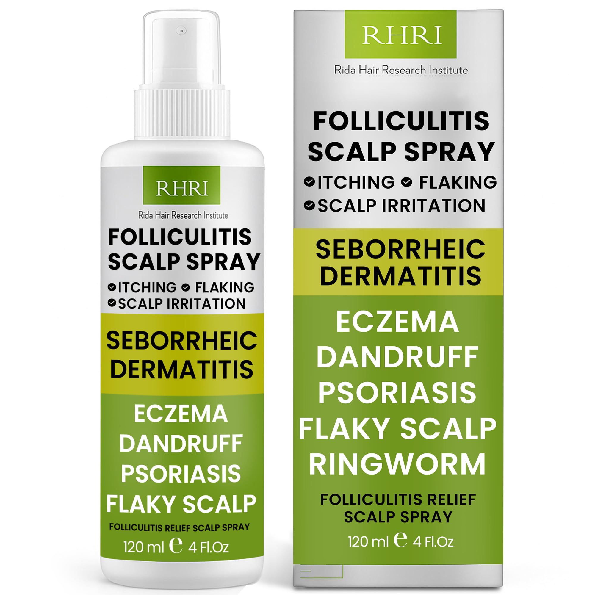Rida Hair Folliculitis Spray bottle in focus for targeted scalp relief.