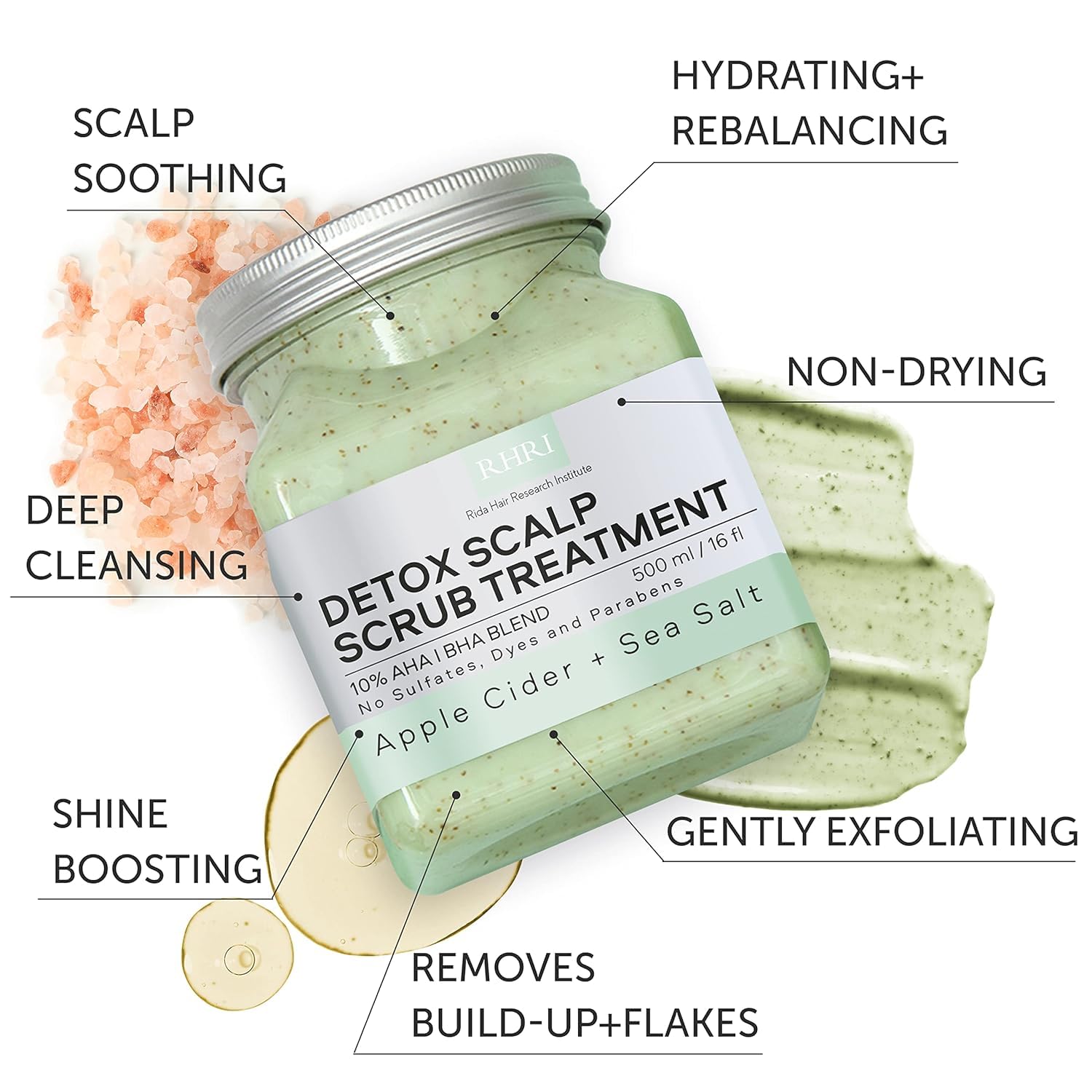 Apple cider droplets emphasize natural detox in RHRI scalp scrub