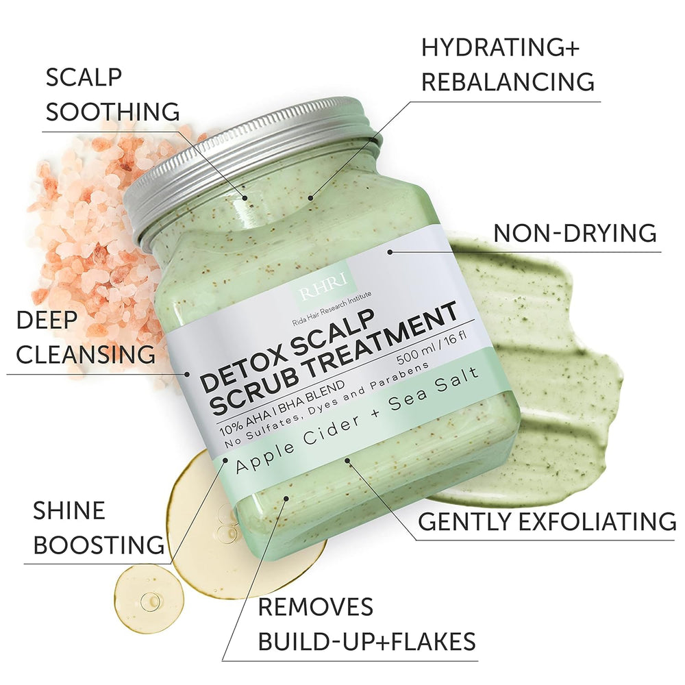 Apple cider droplets emphasize natural detox in RHRI scalp scrub
