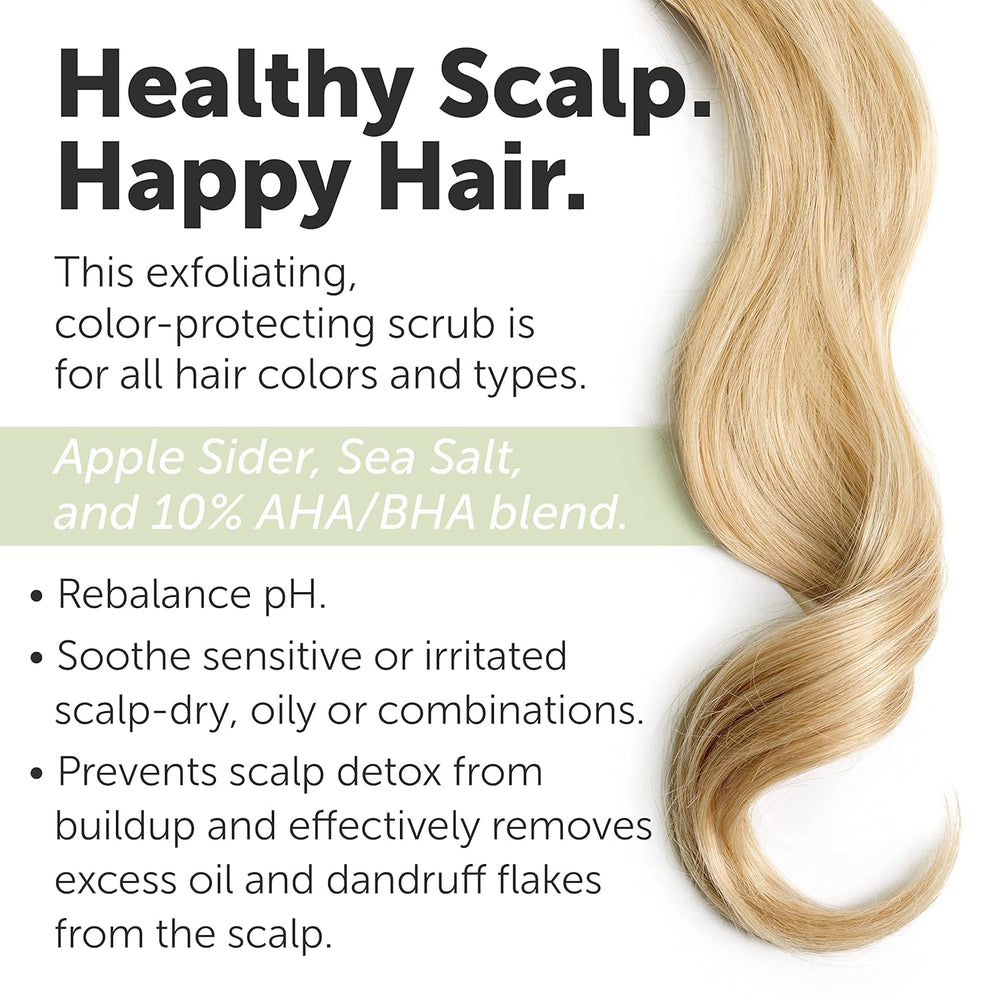 RHRI green scalp scrub bottle back highlights 10% AHA/BHA exfoliation