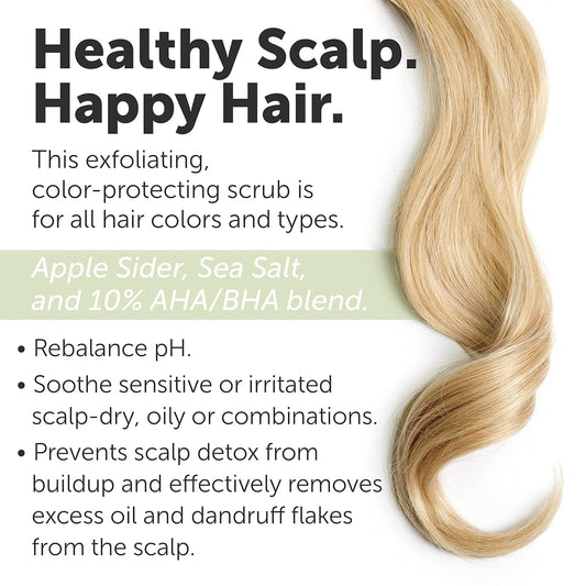 RHRI green scalp scrub bottle back highlights 10% AHA/BHA exfoliation