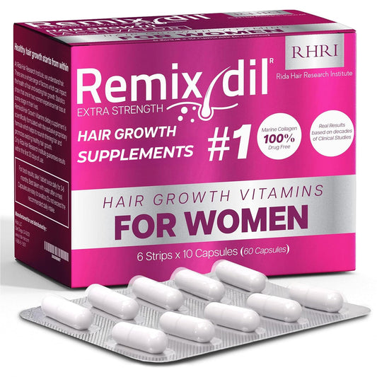 Rida Hair Research Institute bottle pour of hair growth vitamins showing root nourishment benefits