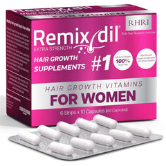 Rida Hair Research Institute bottle pour of hair growth vitamins showing root nourishment benefits