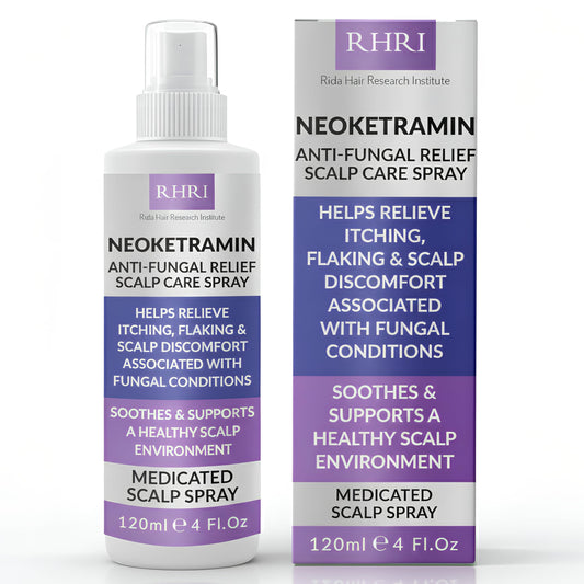 Rida Neoketramin bottle close-up for daily scalp care