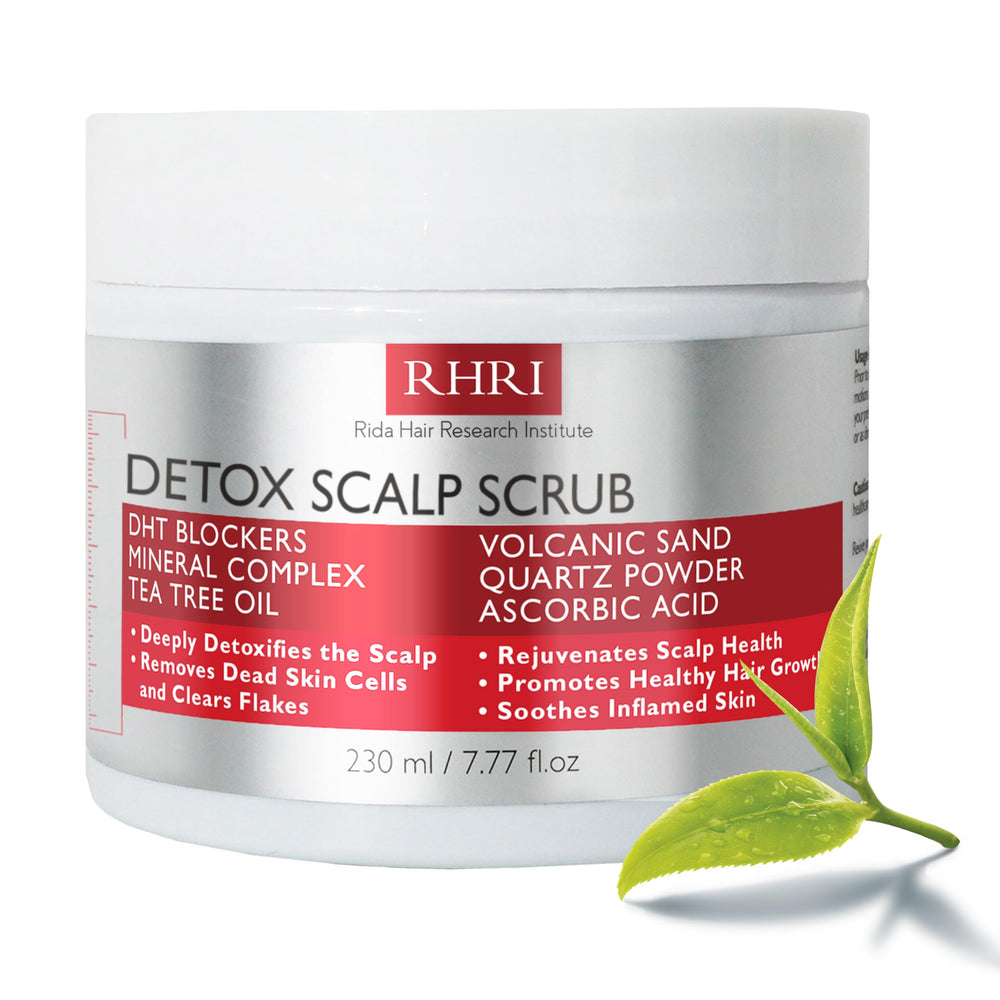 Rida Scalp Scrub bottle with tea tree oil for detoxifying and soothing the scalp